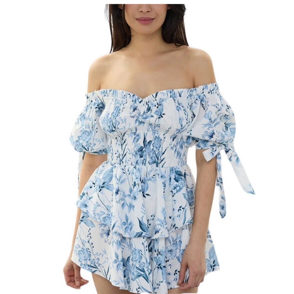 YUMI KIM Tessa Dress Floral Blue Off
Shoulder Smocked Ruffled Mini